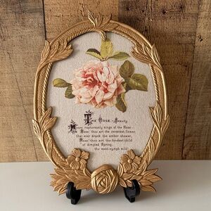 Gold Floral Metal Oval Frame with Rose Art